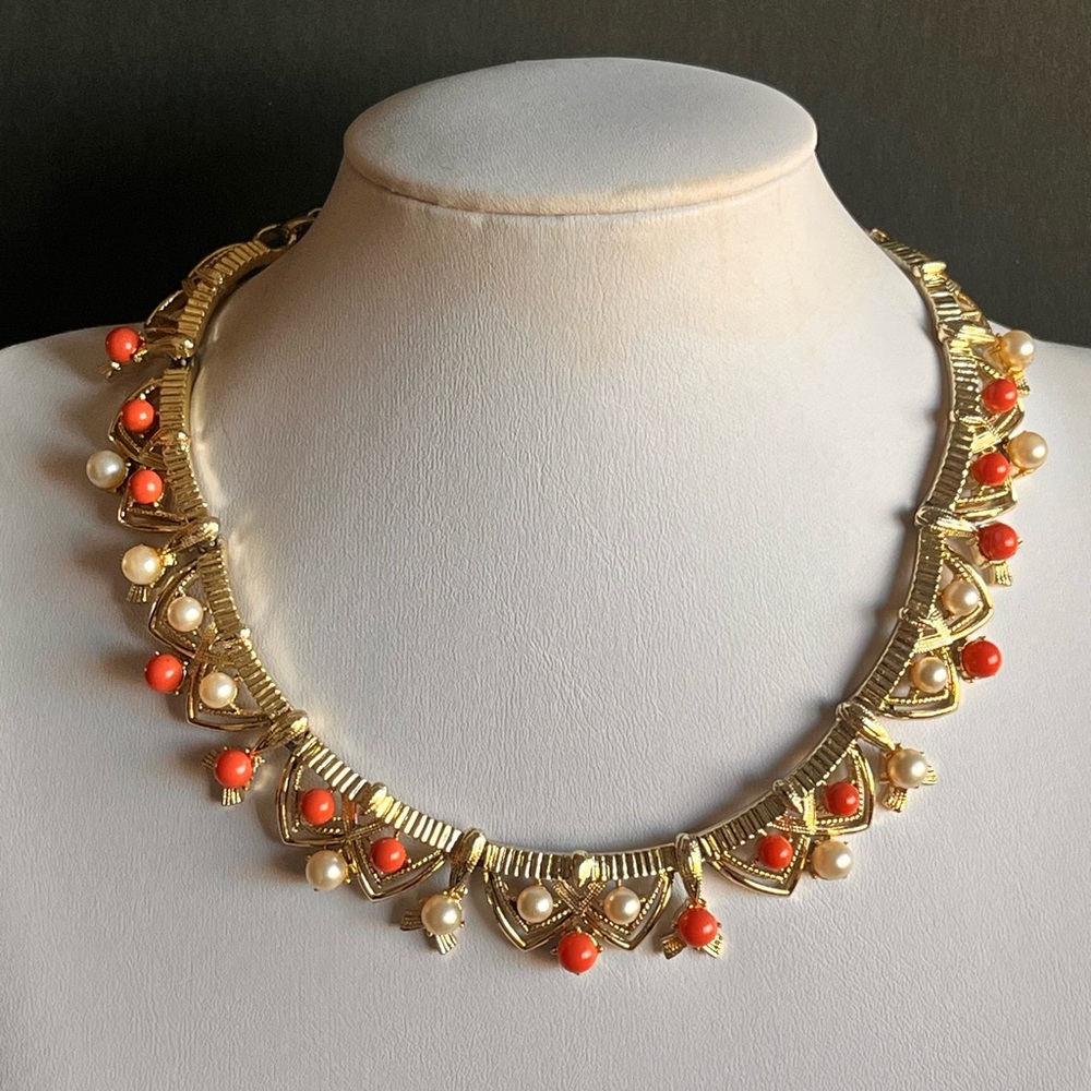 Vintage Coro Gold-Tone Necklace with Coral and Faux Pearl Accents